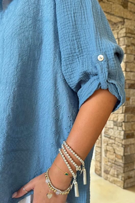 Made in Italy Pia Pillow Cotton Embroidered Tile Classic Shirt Denim